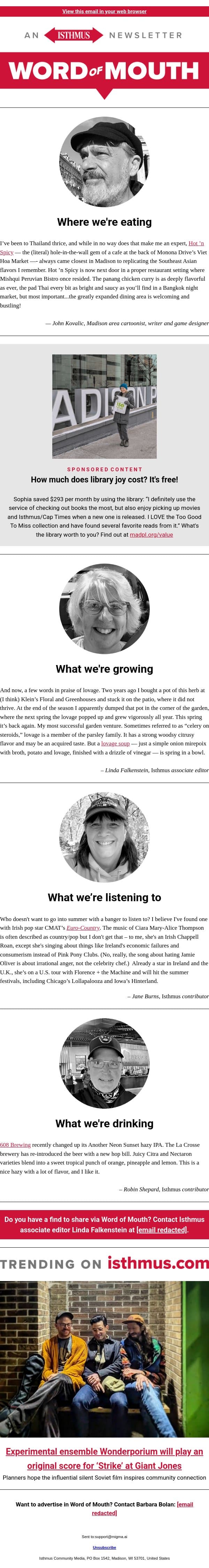 Thai gem + more recommendations | Isthmus Word of Mouth for April 28, 2026 email from Isthmus screenshot