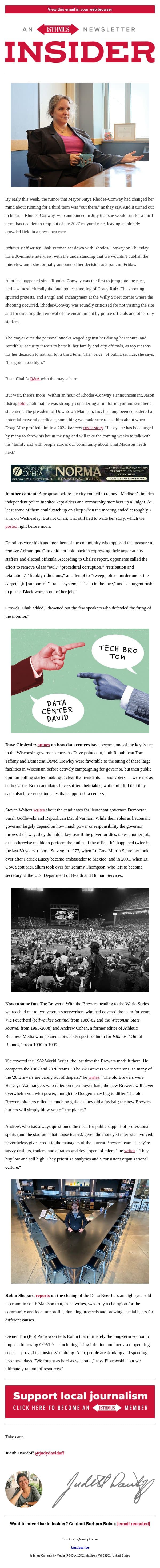 Rhodes-Conway drops out: 'The price has gotten too high.' email from Isthmus screenshot