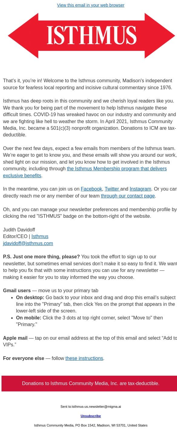 Welcome to the Isthmus community email from Isthmus screenshot