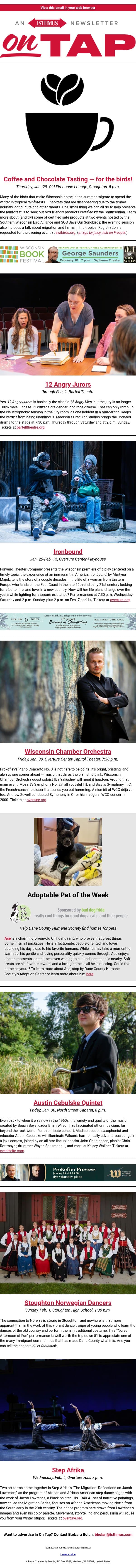 ☕is for the 🐦 + more events in and around Madison Jan. 29-Feb. 5, 2026 email from Isthmus screenshot