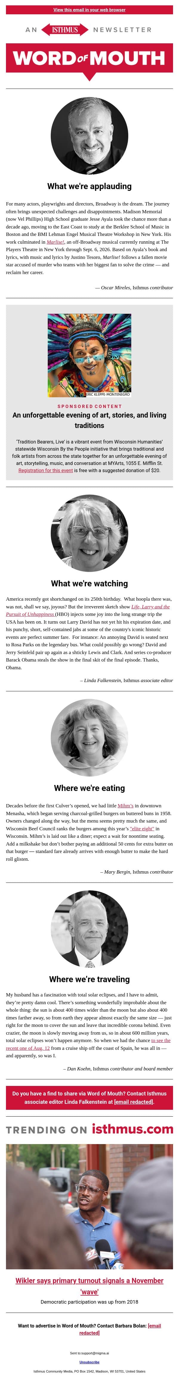 Better butter + more recommendations | Isthmus Word of Mouth for Aug. 25, 2026 email from Isthmus screenshot