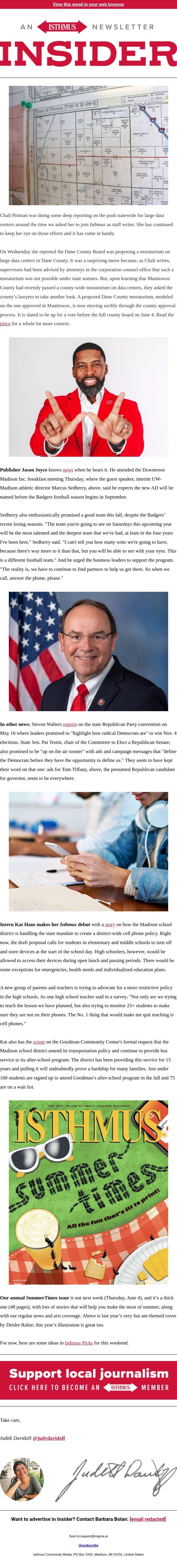 A push to pause large data centers in Dane County email from Isthmus screenshot