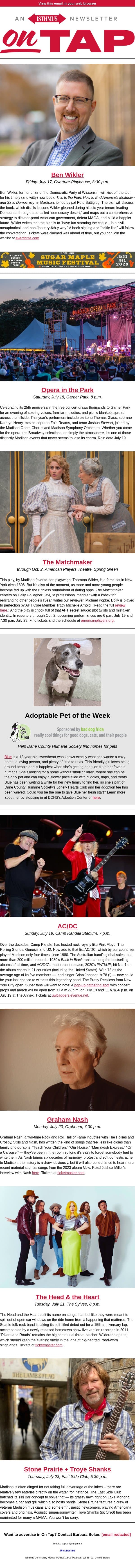 We're on a highway to hell + more events in and around Madison July 16-23, 2026 email from Isthmus screenshot