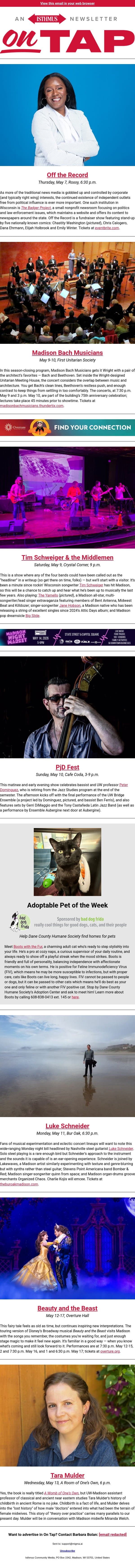 Off the Record is on the record + more events in and around Madison May 7-14, 2026 email from Isthmus screenshot