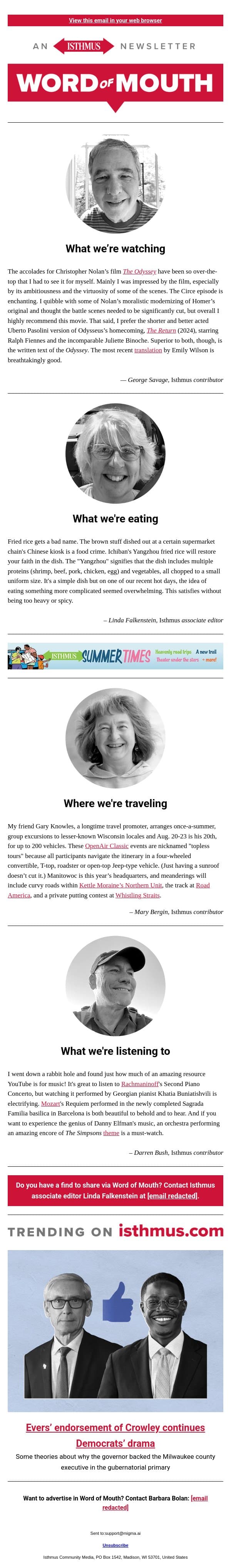 A long and difficult journey + more recommendations | Isthmus Word of Mouth for July 28, 2026 email from Isthmus screenshot