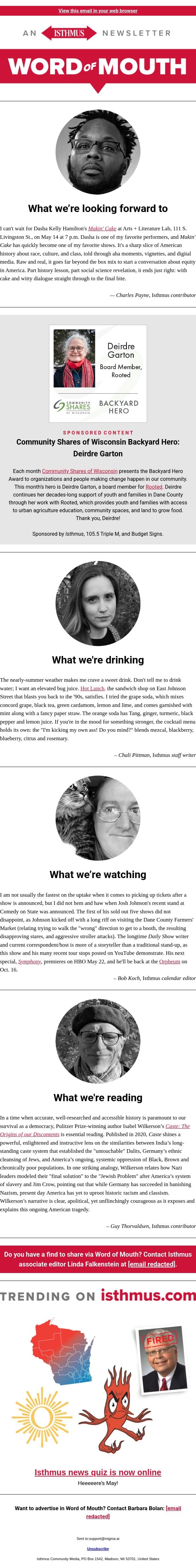 A dash of Dasha + more recommendations | Isthmus Word of Mouth for May 12, 2026 email from Isthmus screenshot