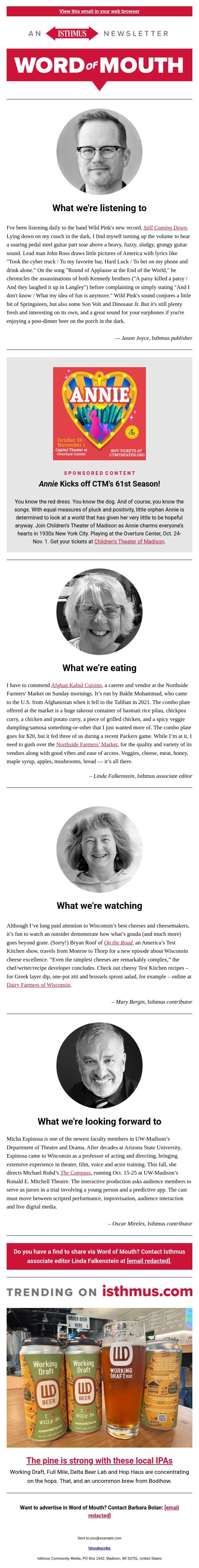 Think pink + more recommendations | Isthmus Word of Mouth for Oct. 13, 2026 email from Isthmus screenshot