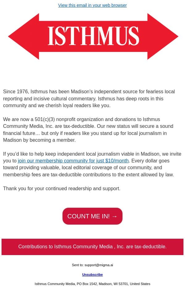 Independent media takes courage… and support email from Isthmus screenshot