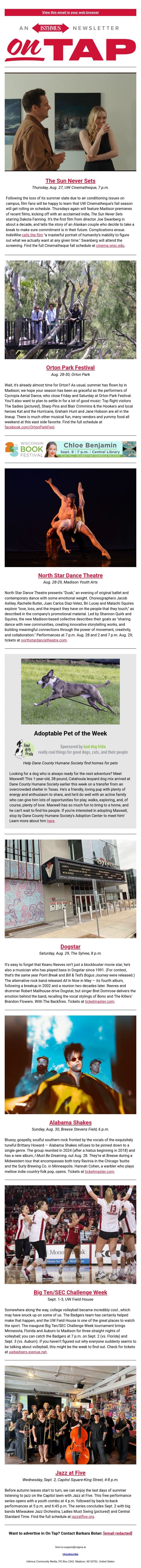 Attention Fanning fans + more events in and around Madison Aug. 27-Sept 3, 2026 email from Isthmus screenshot