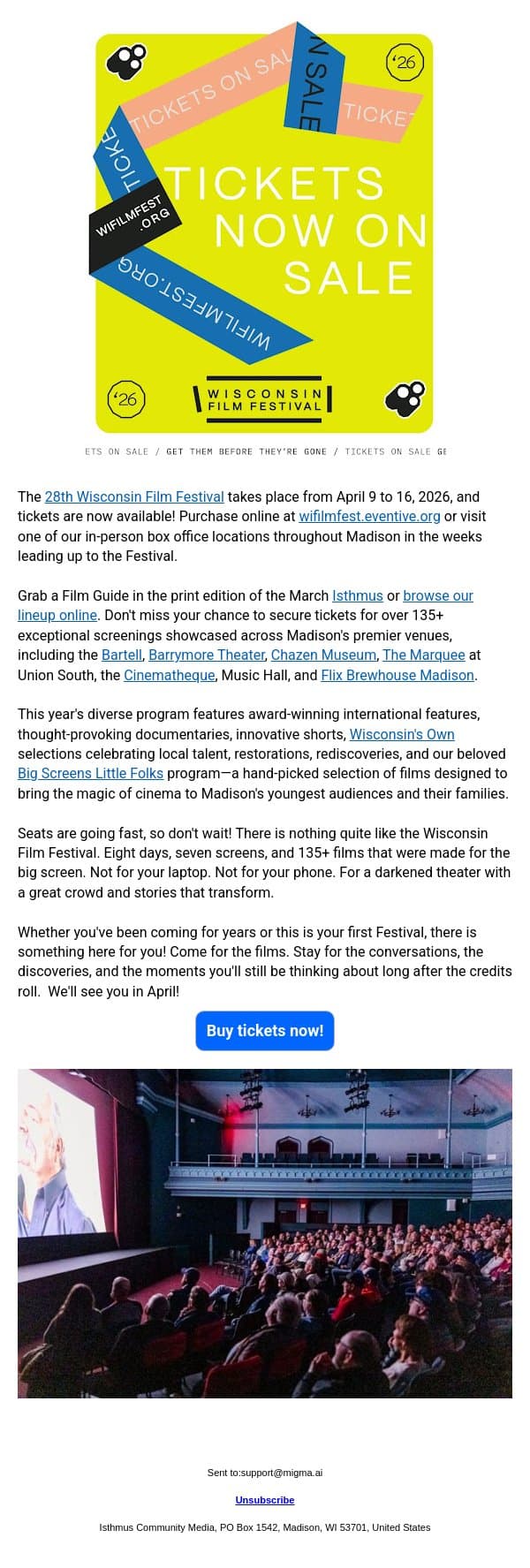 SPONSORED | Wisconsin Film Festival—Tickets On Sale Now! email from Isthmus screenshot
