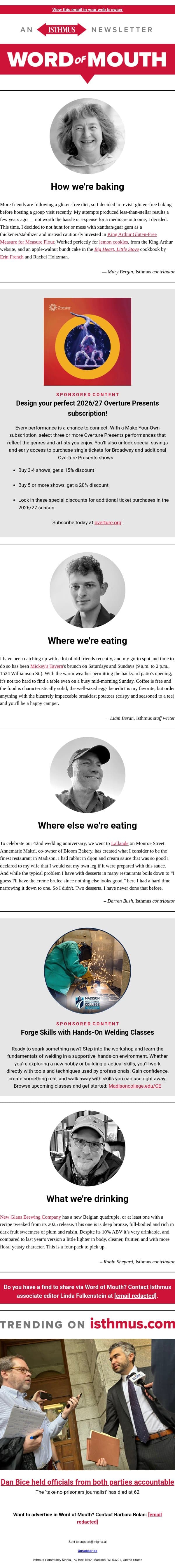 This week: All eating and drinking recommendations | Isthmus Word of Mouth for May 5, 2026 email from Isthmus screenshot