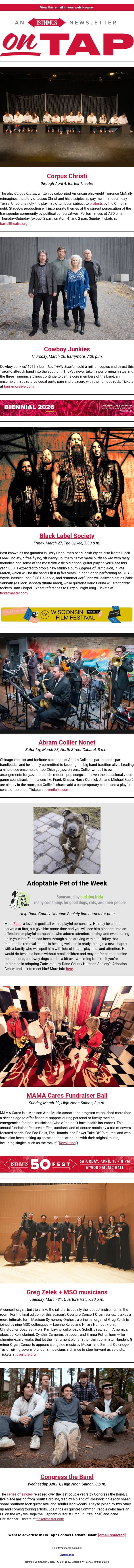 MAMA Cares + more events in and around Madison March 26-April 2, 2026 email from Isthmus screenshot