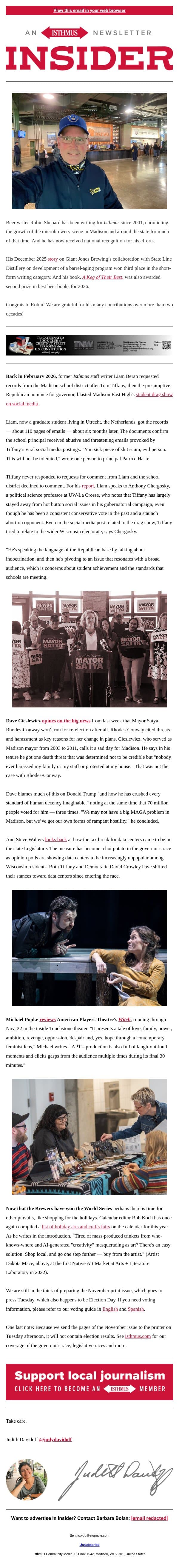 Robin Shepard for the win(s)! email from Isthmus screenshot