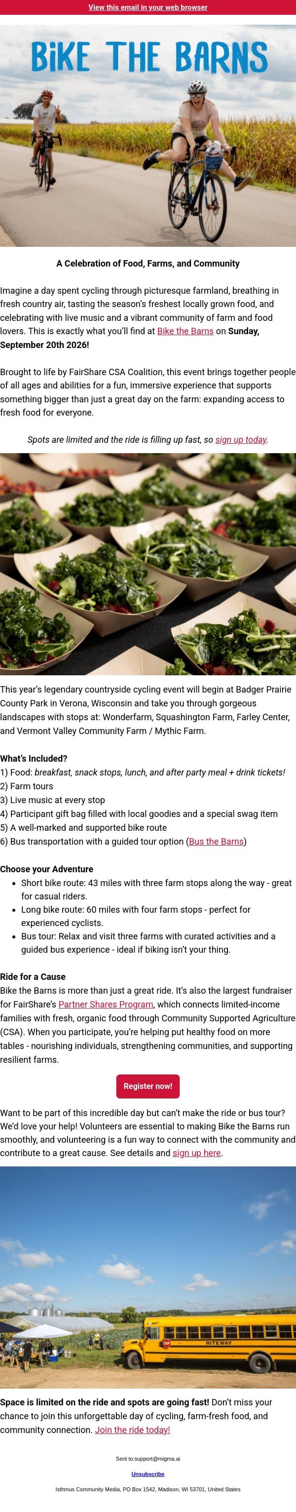 SPONSORED | Join the Ride for Fresh Food: Bike the Barns 2026 Is Almost Here! email from Isthmus screenshot