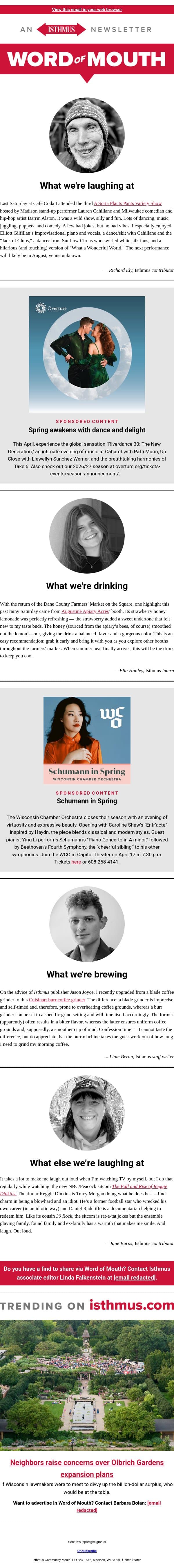 Relax, laugh + more recommendations | Isthmus Word of Mouth for April 14, 2026 email from Isthmus screenshot