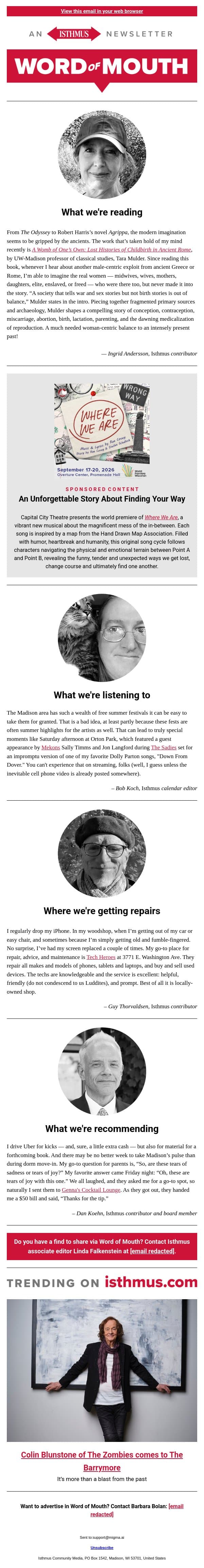 Good ol' Genna's + more recommendations | Isthmus Word of Mouth for Sept. 1, 2026 email from Isthmus screenshot