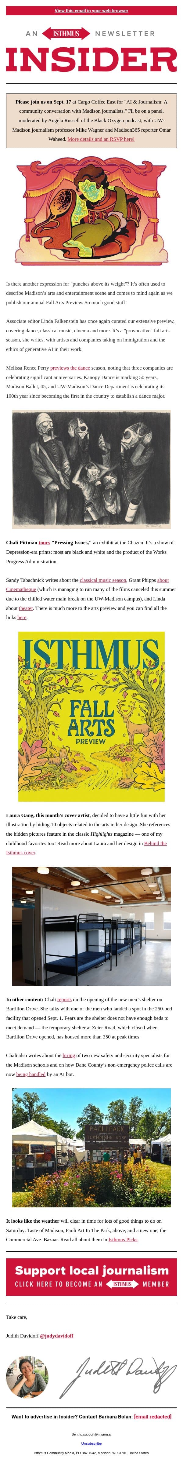 When it comes to the arts, do you realize how lucky you are to live in Madison? email from Isthmus screenshot