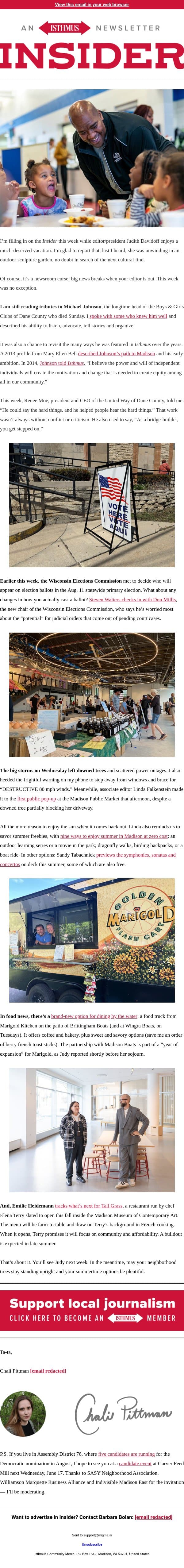 Remembering Michael Johnson, plus new eats and summer freebies email from Isthmus screenshot