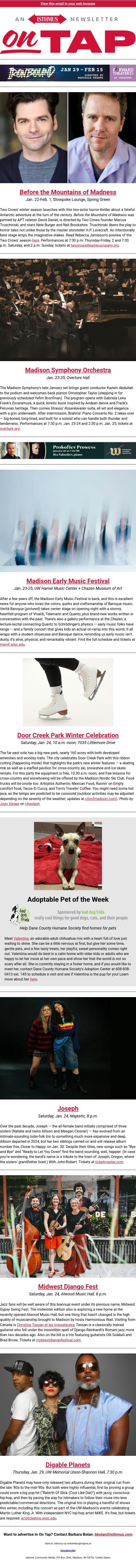 ⛸️ + more events in and around Madison Jan. 22-29, 2026 email from Isthmus screenshot