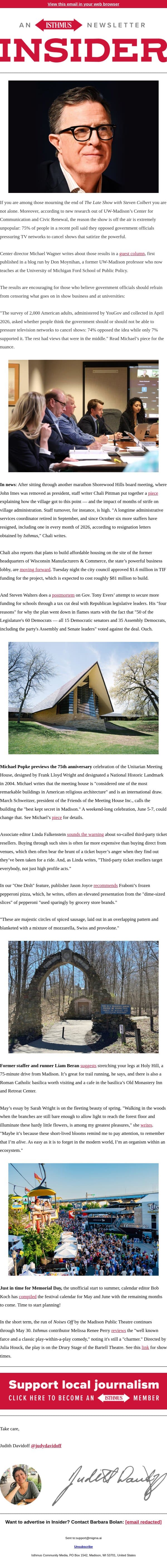 Colbert is off the air, but the reason is deeply unpopular, according to new UW-Madison survey email from Isthmus screenshot