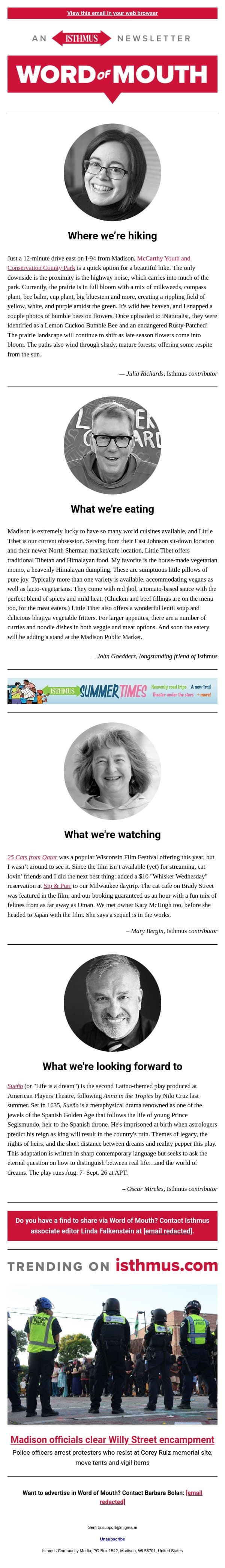 McCarthy Park + more recommendations | Isthmus Word of Mouth for Aug. 4, 2026 email from Isthmus screenshot