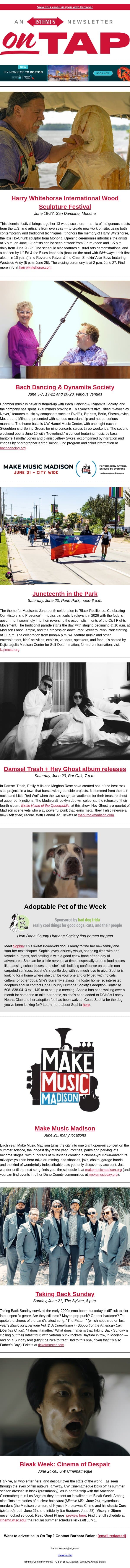 From Bach to Bleak + more events in and around Madison June 18-25, 2026 email from Isthmus screenshot