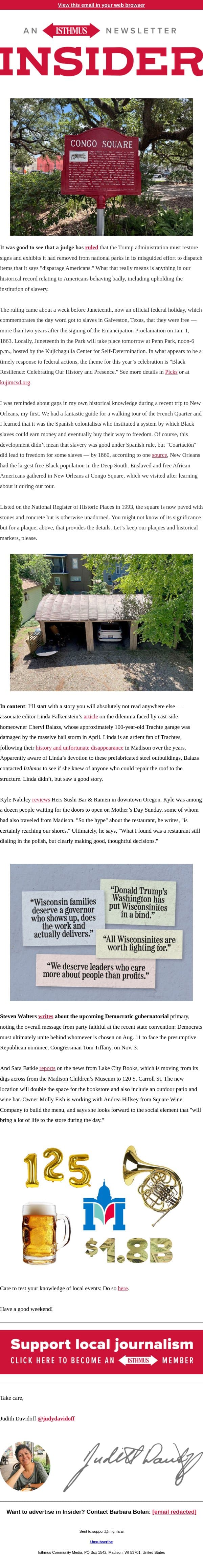 Honoring history email from Isthmus screenshot