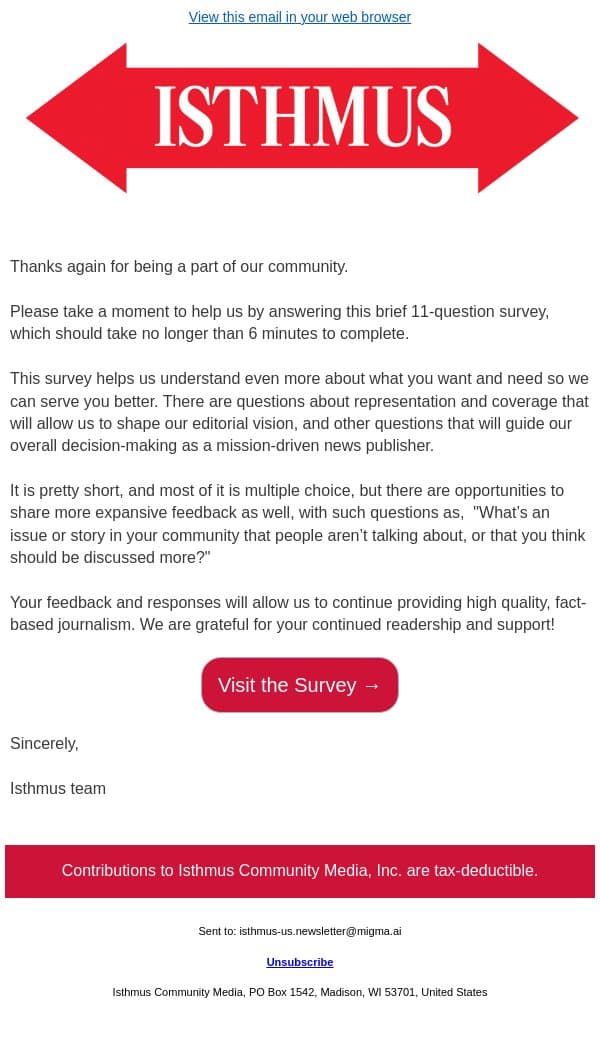Thanks again for being a part of our community. email from Isthmus screenshot