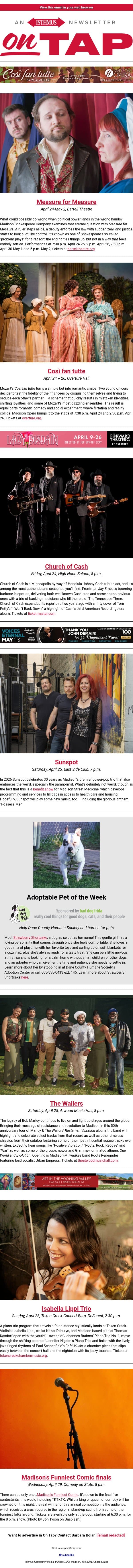 Cash only + more events in and around Madison April 23-30, 2026 email from Isthmus screenshot