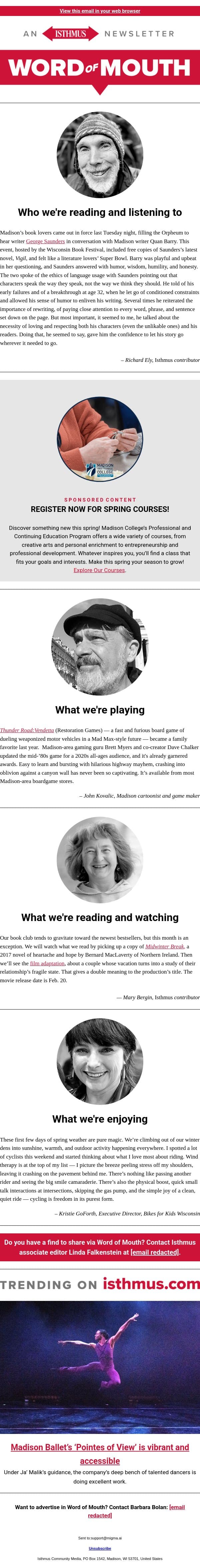 Get your bike out of the basement + more recommendations | Isthmus Word of Mouth for Feb. 17, 2026 email from Isthmus screenshot