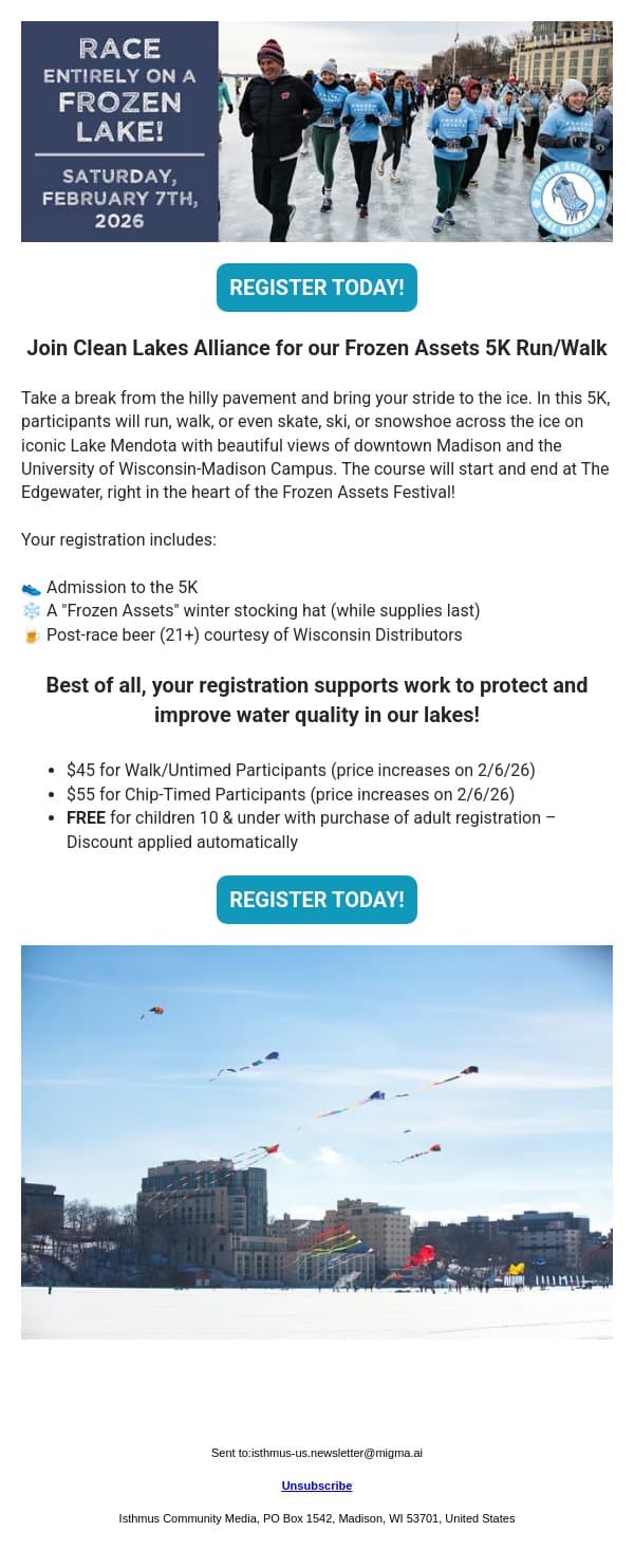 SPONSORED | Join Clean Lakes Alliance for a 5K run/walk on a frozen lake this weekend! email from Isthmus screenshot