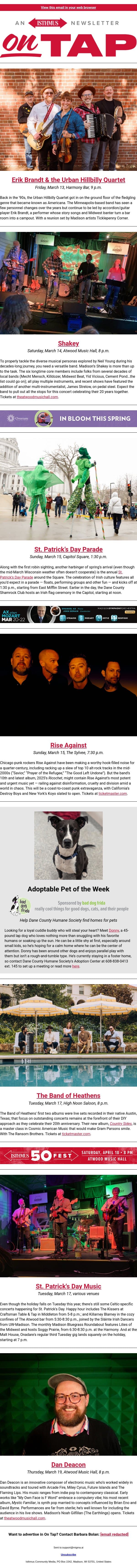 ☘️ + more events in and around Madison March 12, 2026 email from Isthmus screenshot