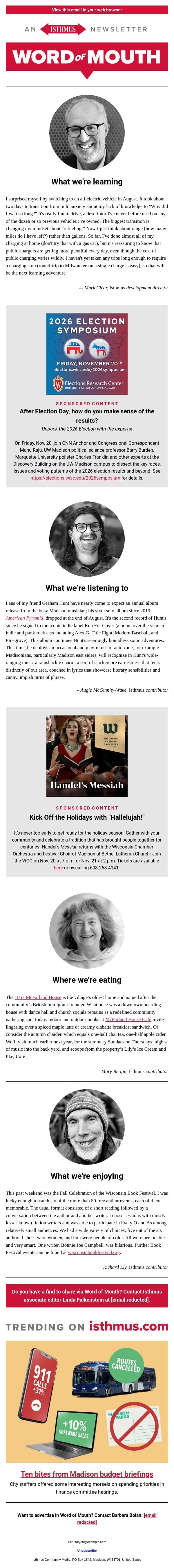 Think range + more recommendations | Isthmus Word of Mouth for Oct. 20, 2026 email from Isthmus screenshot