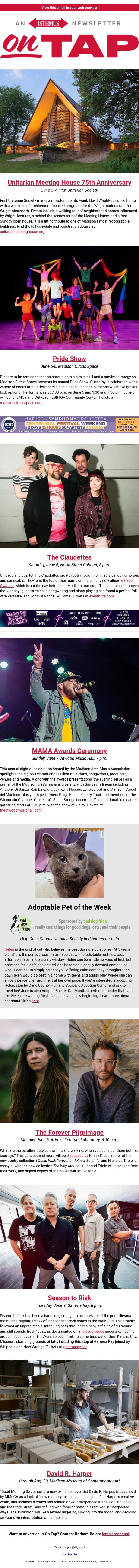 Wright time + more events in and around Madison June 4-11, 2026 email from Isthmus screenshot