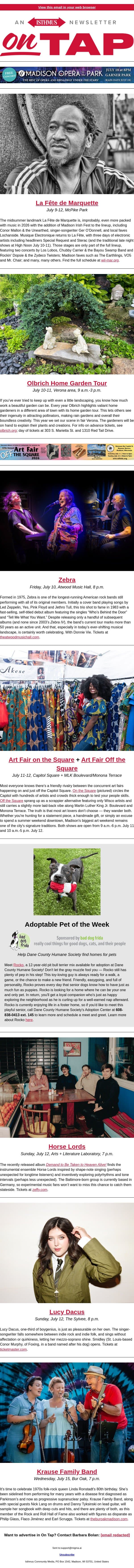 Peak art fair + more events in and around Madison July 9-16, 2026 email from Isthmus screenshot