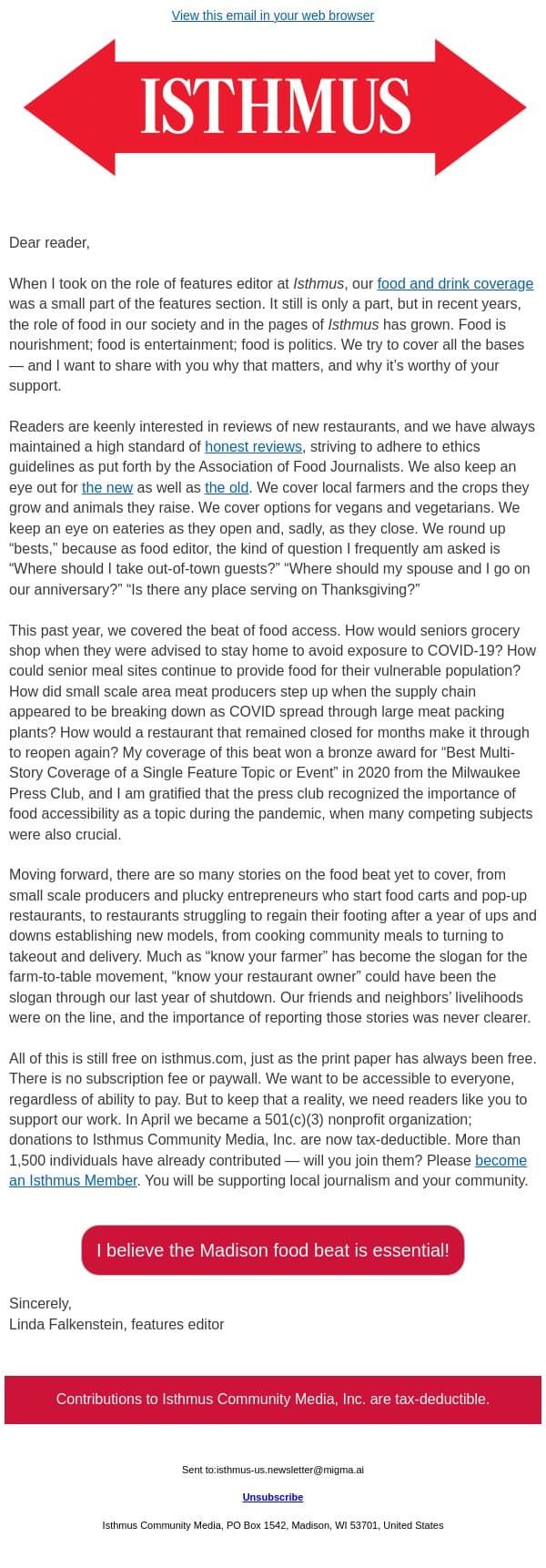 Food is nourishment; food is entertainment; food is politics. email from Isthmus screenshot