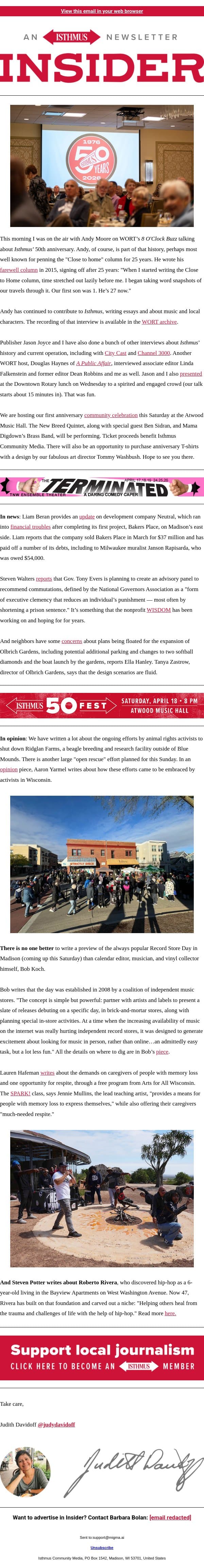 Saturday we’re gonna party like we’re turning 50. Because we are! email from Isthmus screenshot