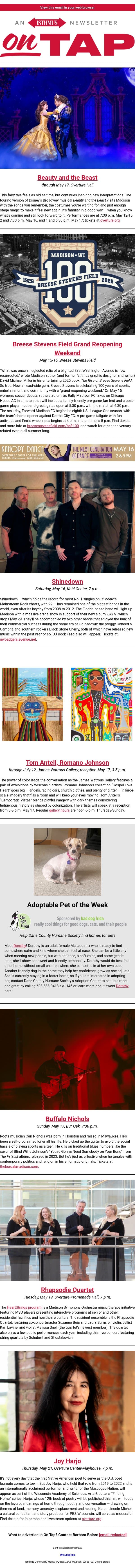 There's a light Breese + more events in and around Madison May 14-21, 2026 email from Isthmus screenshot