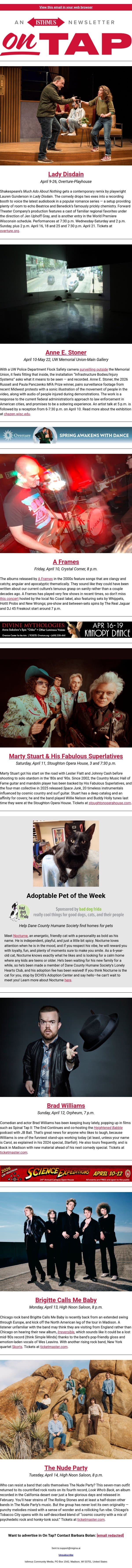 Brad and Brigitte and Marty and Anne + more events in and around Madison April 9-16, 2026 email from Isthmus screenshot