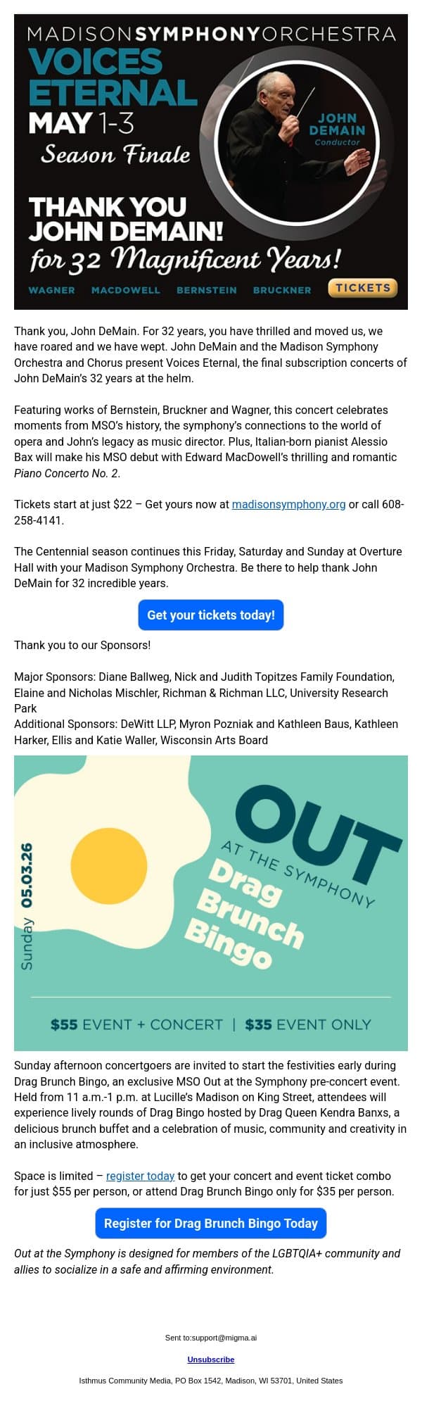 SPONSORED | John DeMain’s Farewell Concert with the Madison Symphony email from Isthmus screenshot