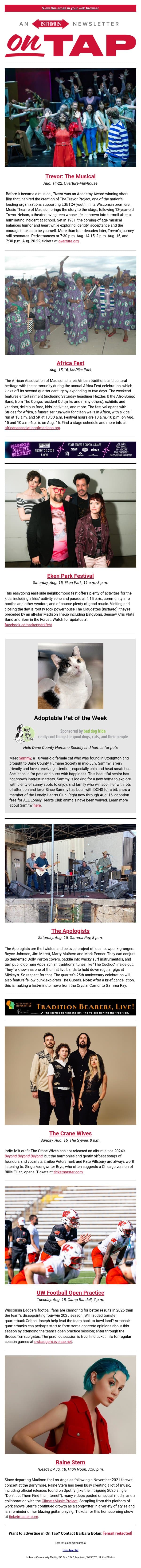 All apologies + more events in and around Madison Aug. 13-20, 2026 email from Isthmus screenshot