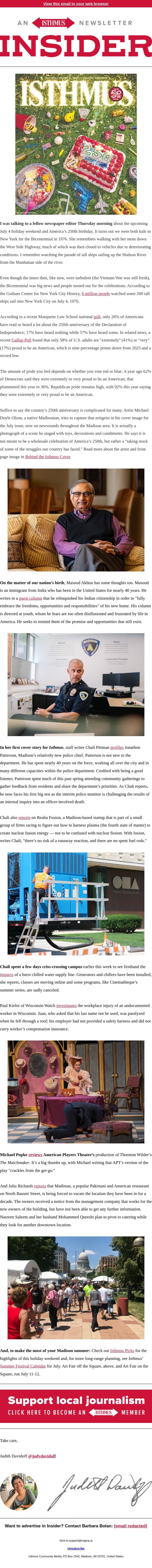 The big 2-5-0 email from Isthmus screenshot