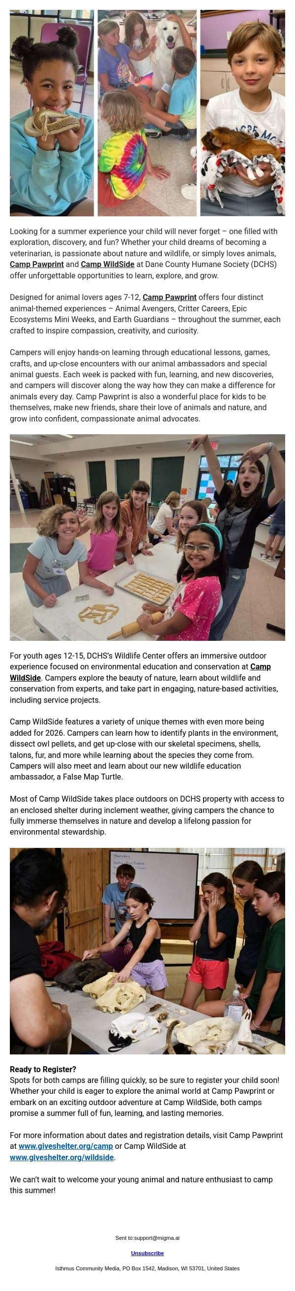 SPONSORED | Come Explore Animals, Nature at Dane County Humane Society Summer Camps email from Isthmus screenshot