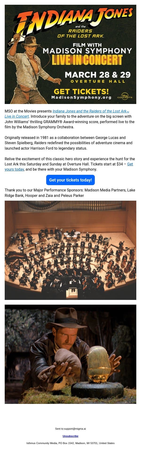 SPONSORED | Experience Indiana Jones Live in Concert email from Isthmus screenshot