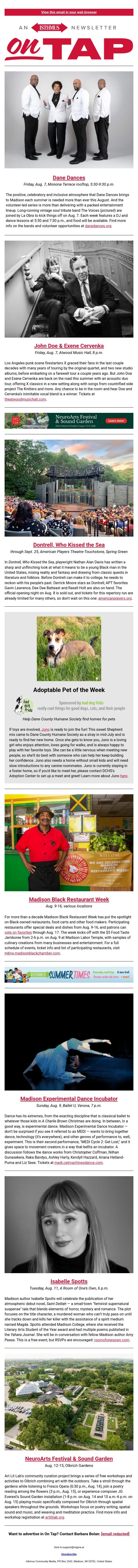 Seeing Spotts + more events in and around Madison Aug. 6-12, 2026 email from Isthmus screenshot