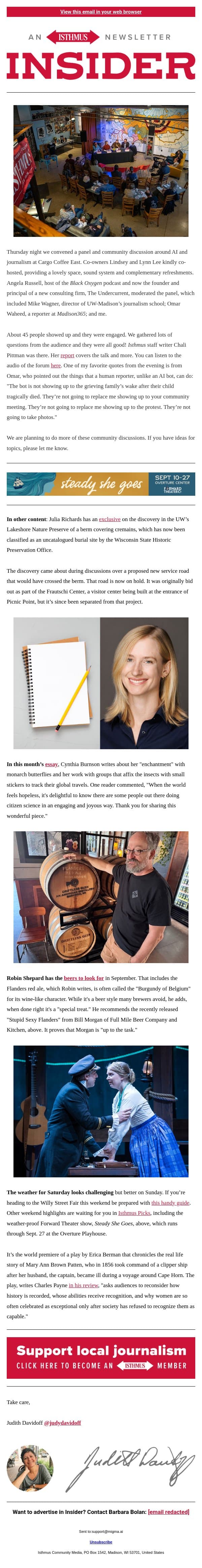 A community discussion: journalists versus AI bots email from Isthmus screenshot