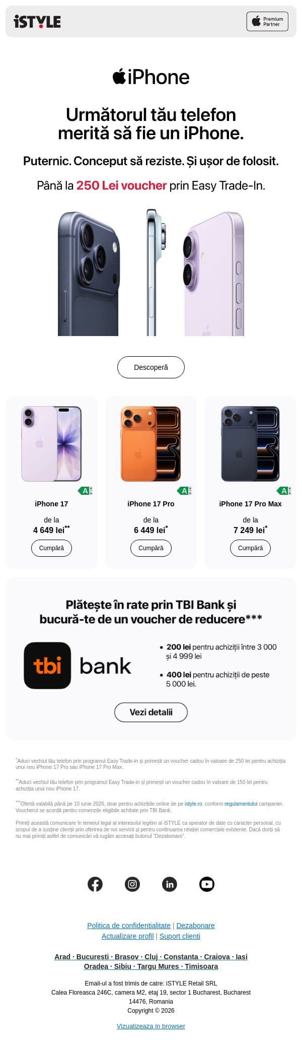 iPhone 17 Pro, de la 6 449 lei cu Easy Trade-in email from iSTYLE screenshot