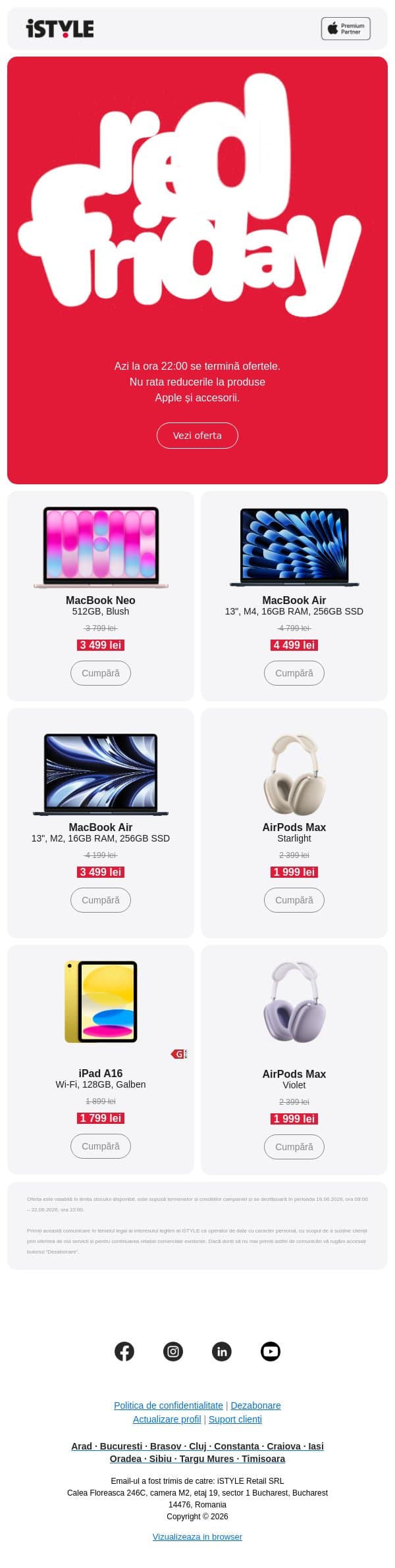 Ultimele ore ale promoției Red Friday! email from iSTYLE screenshot