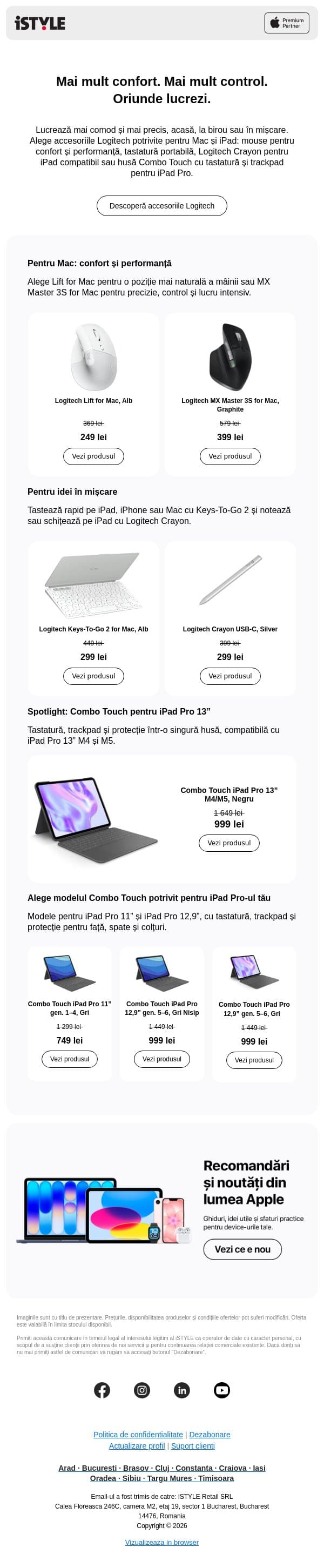 Accesorii Logitech pentru Mac și iPad, în ofertă email from iSTYLE screenshot