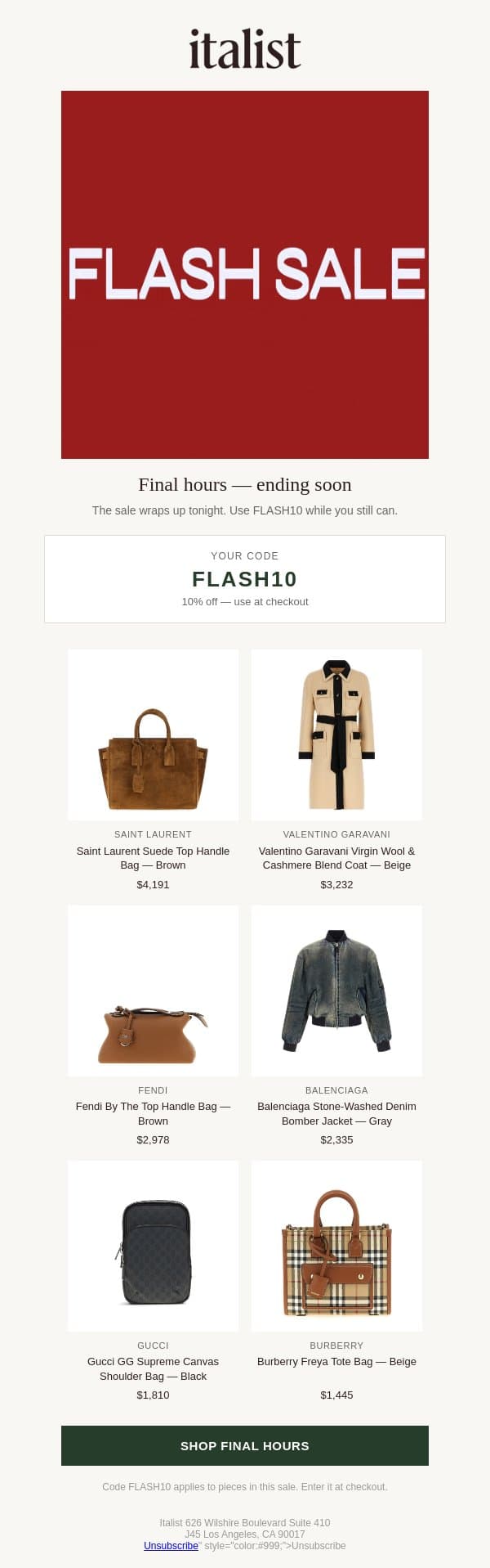 Last Chance: FLASH SALE Ends Tonight! email from Italist screenshot